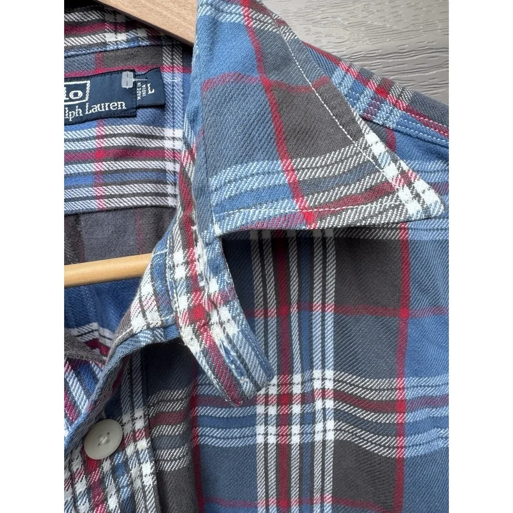 VTG 90s Polo Ralph Lauren Shipyard Supply Flannel Blue Shirt Large Loop Collar